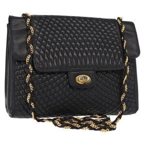 Authentic BALLY Quilted Chain Shoulder Bag Leather Black Gold